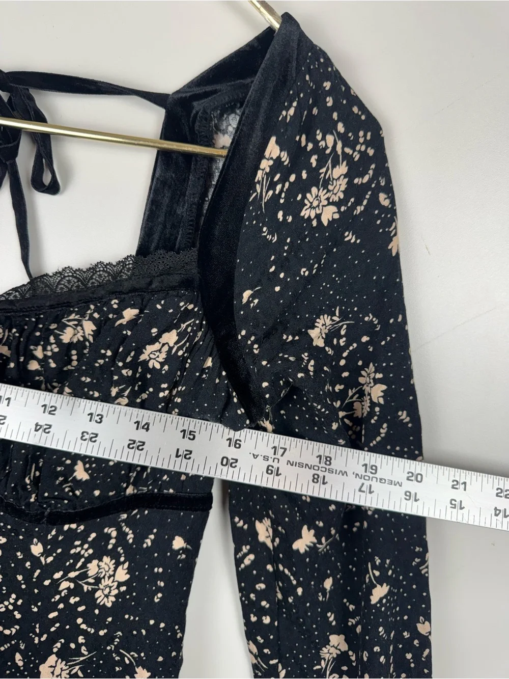Free People Tess Mini Dress S Small Black Combo Floral Velvet Lace Bell Sleeve⁠